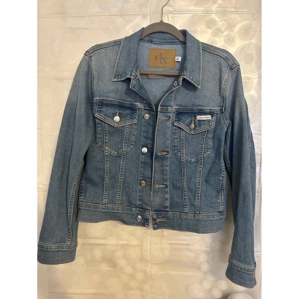 Calvin Klein Light Blue Denim Jacket with Tan Logo Patch